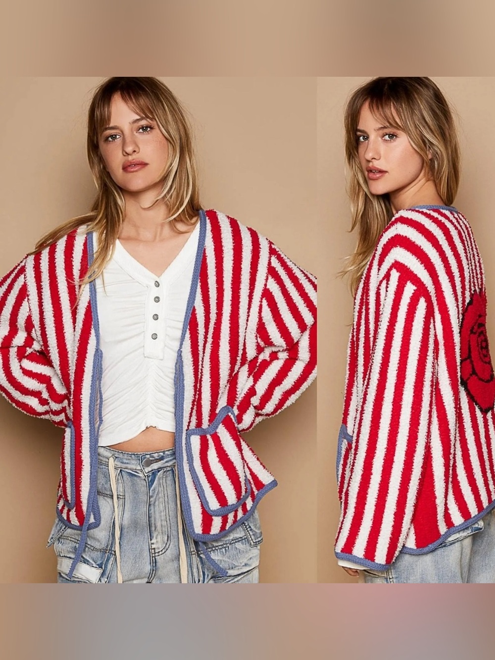 POL Red and White Striped Open-Front Cardigan w/ Blue Trim Sz S CottageCore Rose